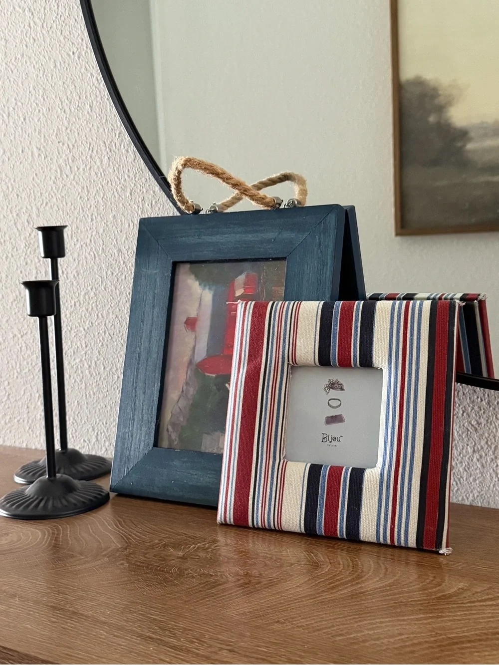 Vintage Framed Wall Art & Striped Fabric Photo Frame Set Coastal Cottage Decor